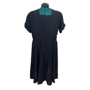 Vintage 40s 50s Eve Carver Black Rayon Crepe Pleated Dress Short Sleeve As Is